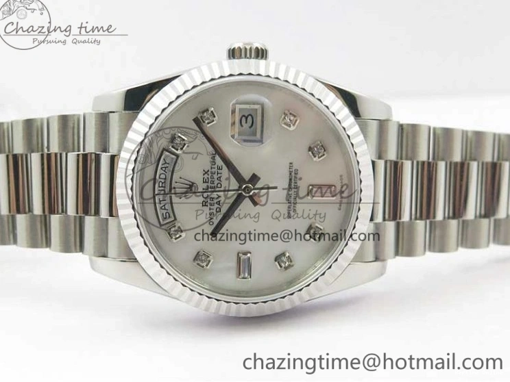 0521 Day-Date 36 SS 128239 Bp Maker Best Edition White MOP Dial Crystral Markers on President Bracelet FlexibleFit 3153